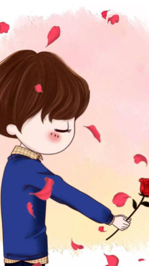 動漫男孩拿著紅玫瑰，花瓣飄浮在柔和的粉紅色和黃色背景上。 — 配對 壁紙