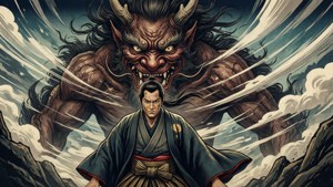 百鬼丸面對巨型惡鬼，浮世繪風格 — 多羅羅 壁紙