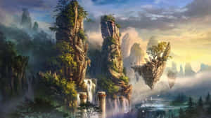 浮動嘅山柱，有瀑布同霧，日出時分 — 湖景 壁紙