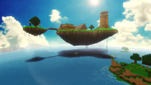 浮動的Minecraft島嶼，有房屋和樹木，在海洋之上，天空晴朗