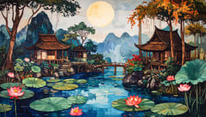 月光下的池塘，有蓮花和傳統亭閣，周圍環繞著秋天的樹木和山脈。