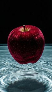 一個紅蘋果懸浮在水面上，漣漪向外擴散。