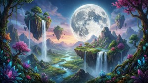 浮島瀑布和巨月照耀蜿蜒河流的魔法奇幻景觀。