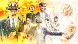 Peaky Blinders 角色穿著復古西裝，背景為火熱的金色。