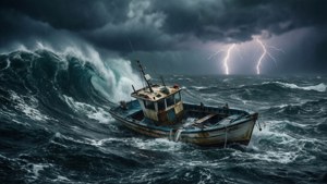小船在雷暴中與猛烈海浪搏鬥。