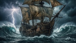 一艘中世紀船隻在波濤洶湧的大海上奮力對抗暴風雨。 — 中世紀 GIF 壁紙