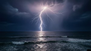一道強勁嘅閃電照亮夜晚波濤洶湧嘅海洋。