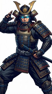身穿深色盔甲的武士戰士，擁有發光的藍色眼睛和金色點綴。
