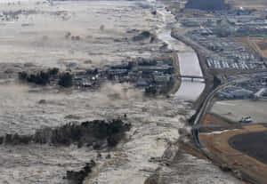 洪水淹沒的城鎮，泥水覆蓋高速公路和工業區附近的房屋和道路。