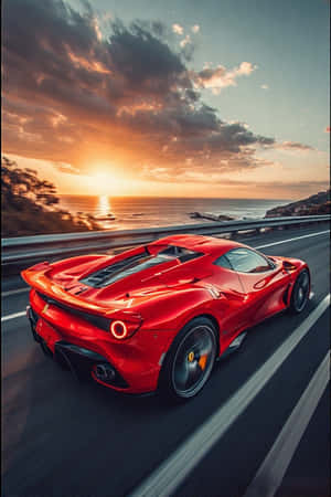 日落時分在海岸高速公路上飛馳的紅色法拉利SF90 Stradale