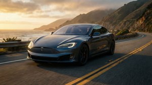 深灰色Tesla Model S在日落時分行駛在海岸公路上，有海洋和懸崖