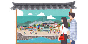 情侶欣賞色彩繽紛的韓國沿海村莊插圖場景。 — 唐人街 GIF 壁紙