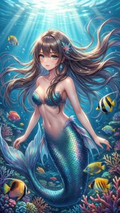 長髮動漫美人魚在充滿活力的珊瑚礁中與熱帶魚和陽光一起游泳。 — iPhone 5 壁紙