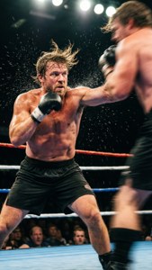 拳擊手在擂台上揮拳，汗水飛濺
