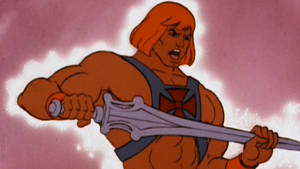 He-Man 在發光的背景下，帶著堅定的表情握著他的劍。