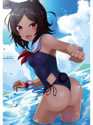 動漫女孩穿著泳衣站在海水裡，頭上是藍天白雲。