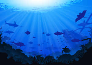 水下場景，鯊魚、魚類和沉船在藍色水光中形成剪影。