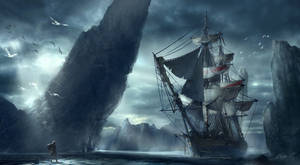 一個水手在 stormy 天空下，面對擱淺在鋸齒狀懸崖之間的船隻。