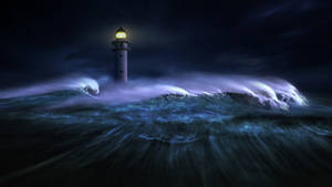 燈塔在夜間穿過暴風雨的海浪閃耀。 — 燈塔 壁紙