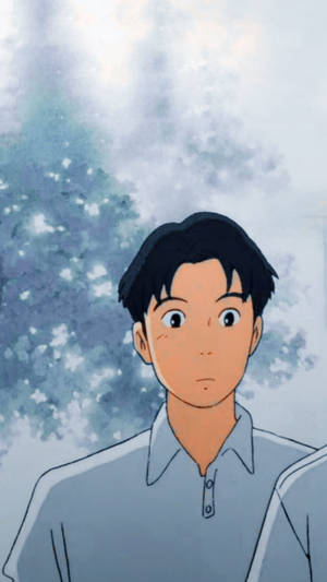 動漫男孩穿著淺藍色Polo衫，柔和的水彩背景。