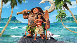 Moana 和 Maui 與豬和公雞在熱帶島嶼海灘上。