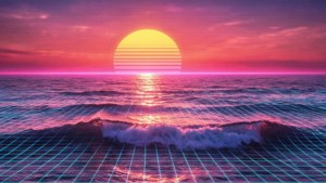霓虹網格覆蓋著日落時發光的海洋，帶有條紋太陽。 — 復古浪潮 壁紙