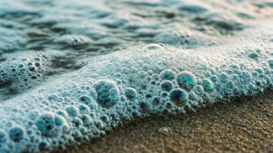 金色時刻，海浪泡沫滾上濕沙