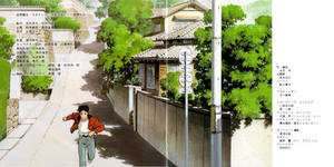 一個穿著紅色外套的男孩在陽光明媚的日本街道上奔跑，街道上有綠樹和房屋。