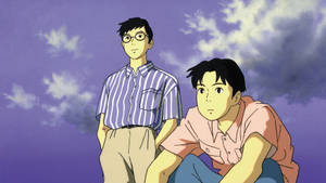 兩個動漫男孩站在紫色天空下，有雲朵