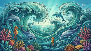 海豚和海馬在旋轉的海浪中游動，下方是珊瑚礁。