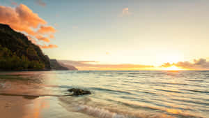 夕陽映照海洋，翠綠懸崖旁沙灘上波浪起伏