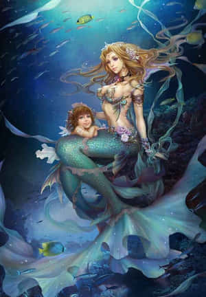 一位美人魚母親和她的孩子在水下被魚和珊瑚環繞著一起休息。 — 美人魚 GIF 壁紙