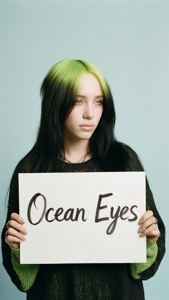 帶有綠色髮尾的女性舉著寫有「Ocean Eyes」的牌子。 — Billie Eilish 壁紙