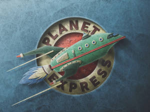 復古綠色火箭飛船飛過藍色牆上的 Planet Express 標誌。