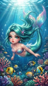 一位擁有藍綠色頭髮和貝殼上衣的美人魚，在陽光照耀的海水中穿梭於珊瑚和魚群之間。