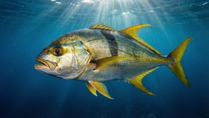 金色魚在藍色海洋中游動，陽光穿透水面。