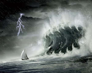 帆船在雷暴中面對巨浪