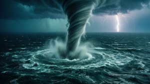 暴風雨天空中帶有閃電的強大海洋龍捲風
