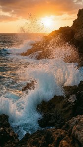 海浪在金色夕陽下撞擊黑暗懸崖。