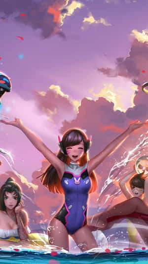 動畫角色在日落時分在海浪中玩耍。
