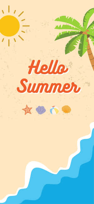 Hello Summer 海灘場景，有棕櫚樹太陽和貝殼。 — 沙灘 壁紙