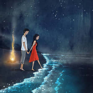 一對情侶赤腳行喺星光映照嘅海灘上，旁邊有個營火。