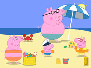 Peppa Pig 一家在陽光沙灘上玩蟹和沙灘玩具。