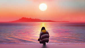 穿著條紋連帽衫的人坐在沙灘上看夕陽落在海洋和山脈上