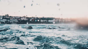日落時分，海浪拍打著水花，沖向模糊的沿海小鎮。