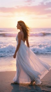 金色夕陽下，身穿白色連衣裙的女子赤腳走在沙灘上。