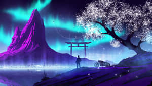 在北極光下，鳥居附近發光的樹下的人和電單車。