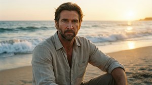 一個留鬍子的男人坐在沙灘上，背後有海浪和金色夕陽。