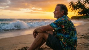 穿著熱帶襯衫的男子坐在沙灘上，在夕陽下觀看海洋。