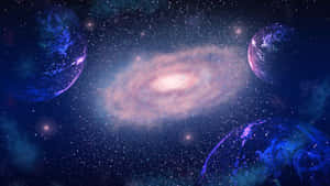 一個發光的螺旋星系，在充滿星星的宇宙中被三顆藍色行星環繞。